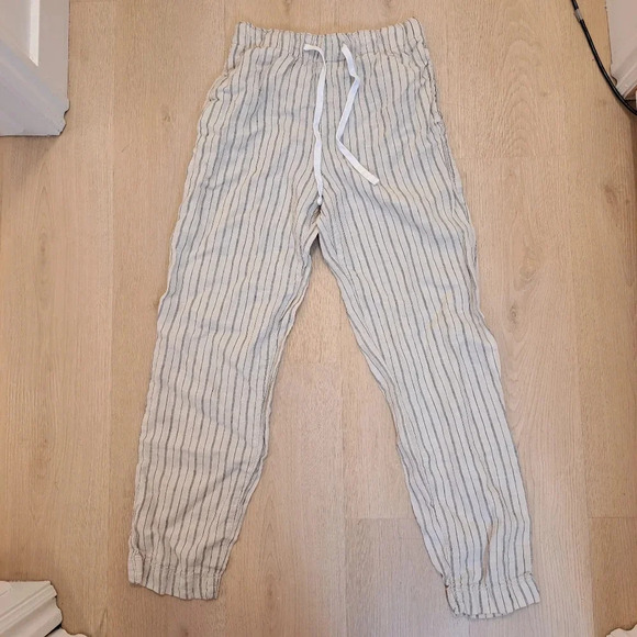 H&M Cream Black Stripes 100% Linen Coastal Lightweight Beachy Jogger Pants Sz XS - Picture 2 of 8